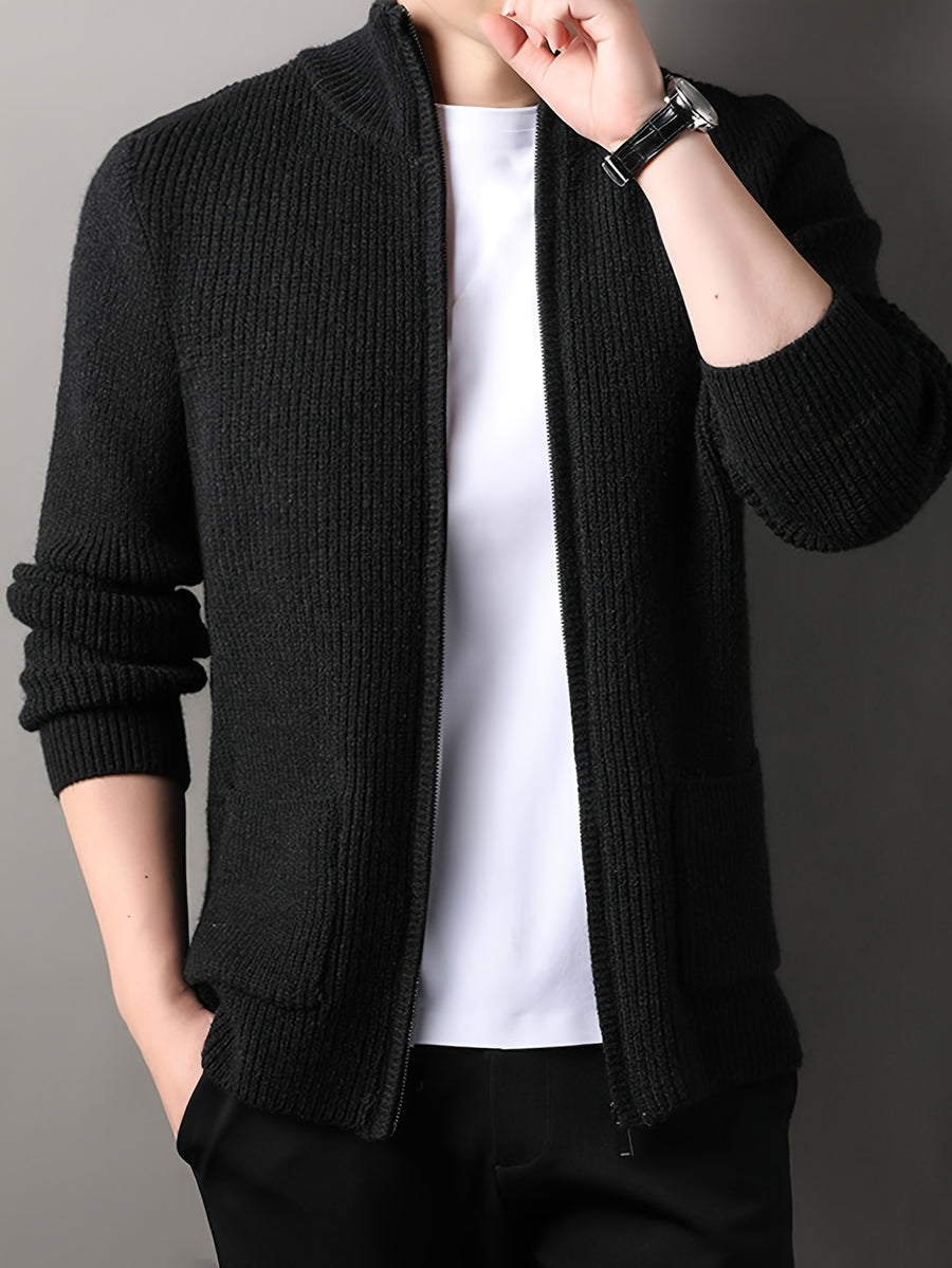 Men's Stand-up Collar Zip-up Knit Cardigan Jacket, Business Casual, Mature and Steady, Suitable for Middle-aged and Young Men, Can Be Worn Alone in Spring and Autumn, and as an Inner Layer in Winter - Black
