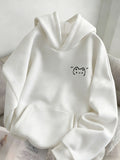 Women's Spring, Autumn, Winter -Lined Loose Hooded Sweatshirt - Korean Style Fashion, Niche, Minimalist, Age-Reducing, Versatile,, Daily Casual, Energetic, Soft and Cute,, Cartoon-Style Adorable Kitten Print Top - White