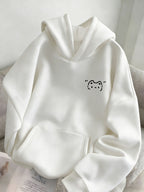Women's Spring, Autumn, Winter -Lined Loose Hooded Sweatshirt - Korean Style Fashion, Niche, Minimalist, Age-Reducing, Versatile,, Daily Casual, Energetic, Soft and Cute,, Cartoon-Style Adorable Kitten Print Top - White