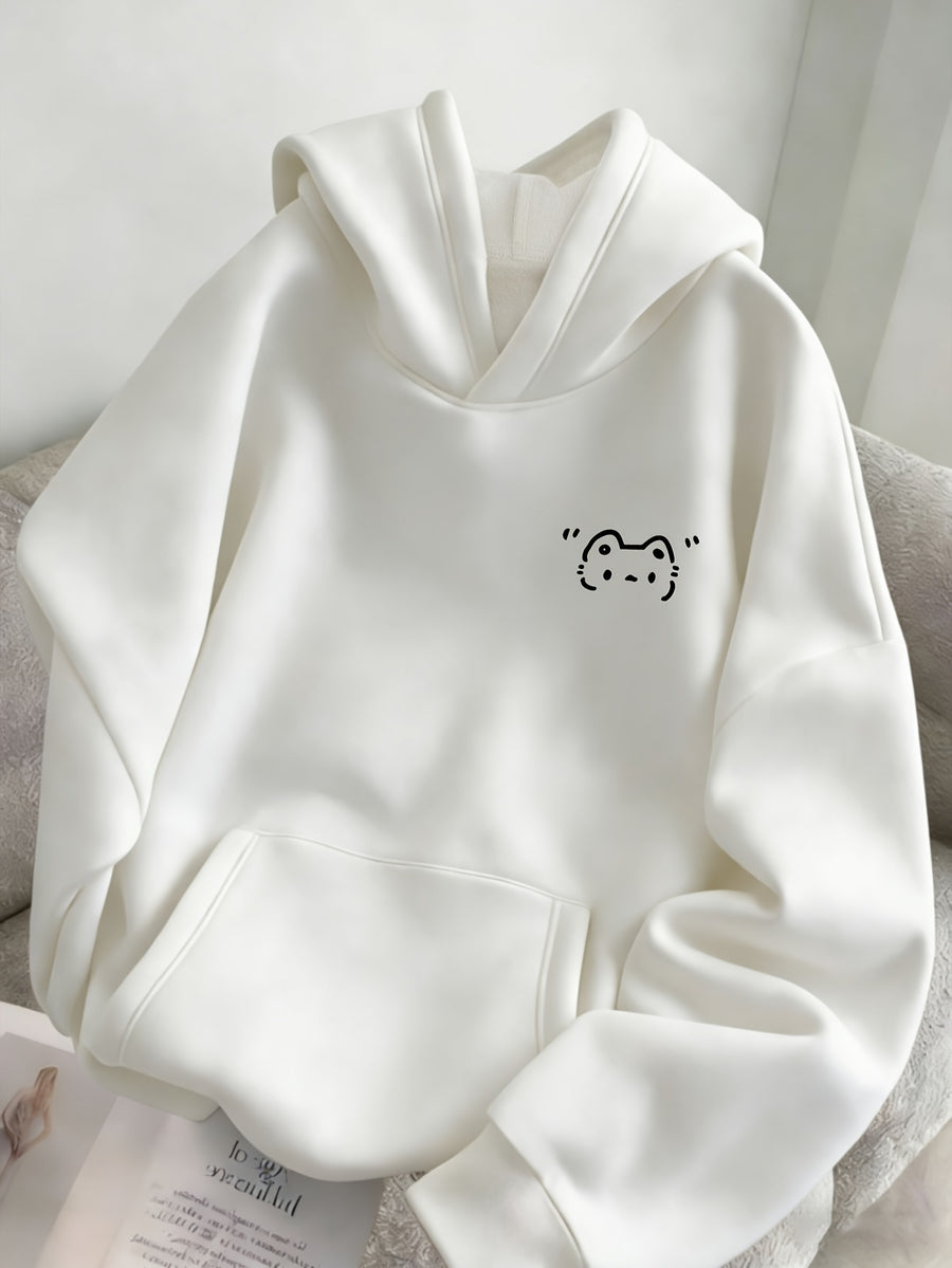Women's Spring, Autumn, Winter -Lined Loose Hooded Sweatshirt - Korean Style Fashion, Niche, Minimalist, Age-Reducing, Versatile,, Daily Casual, Energetic, Soft and Cute,, Cartoon-Style Adorable Kitten Print Top - White