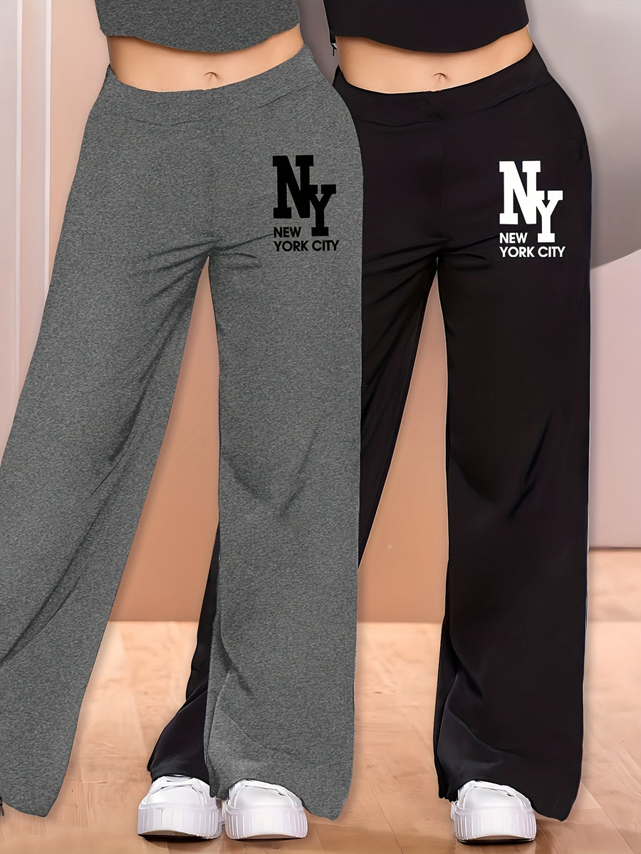 Elegant - 2pcs Women's Wide-Leg Casual Pants, Summer Lightweight Style, Letter Print - Classic Black + Dark Gray