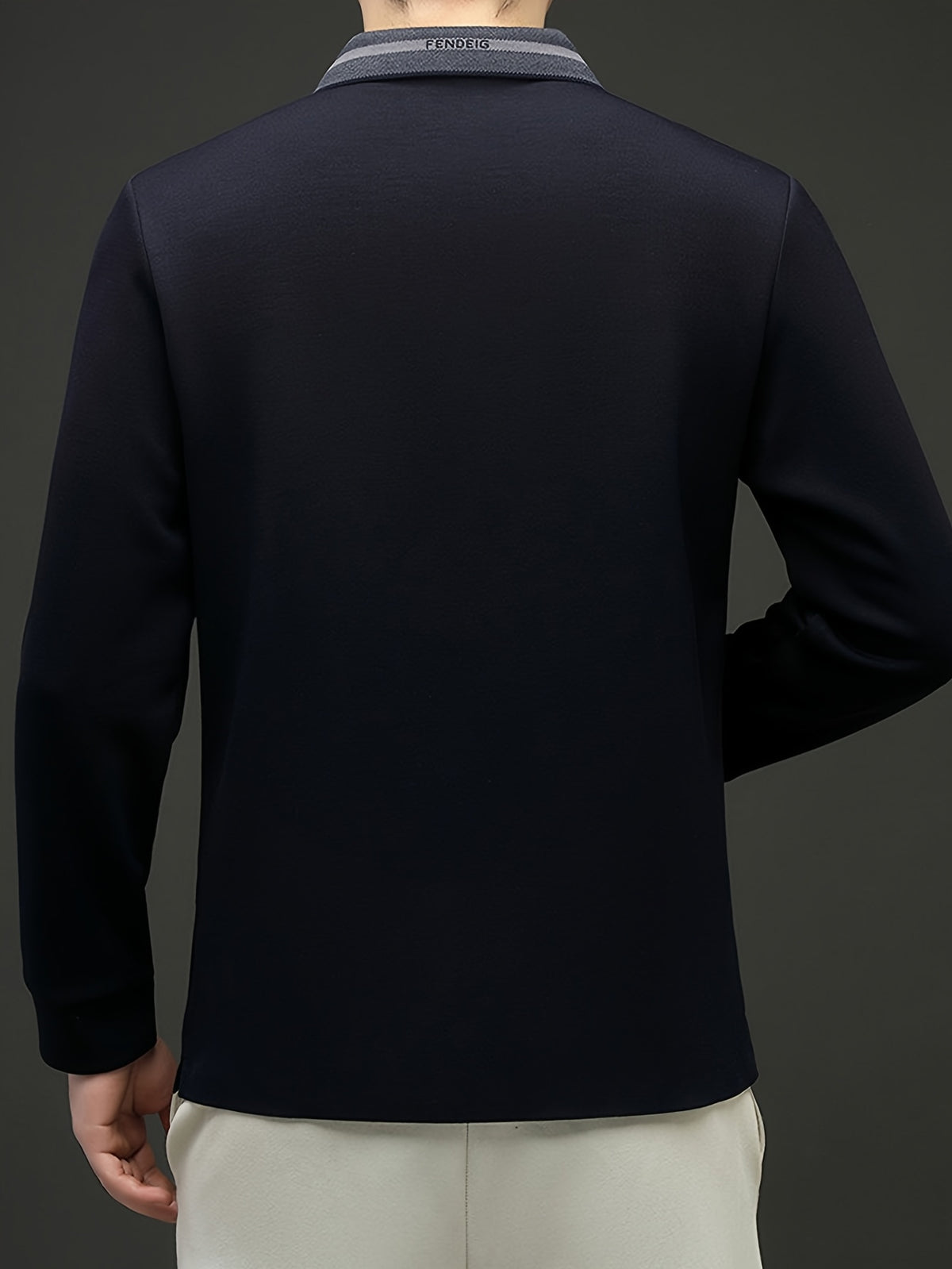 Men's Plain Color Plaid Lapel Long Sleeve Polo Shirt, No Print or Embroidery, Simple and Clean Cut, Suitable for Light Business and Daily Outings - SINBOS - Navy Color