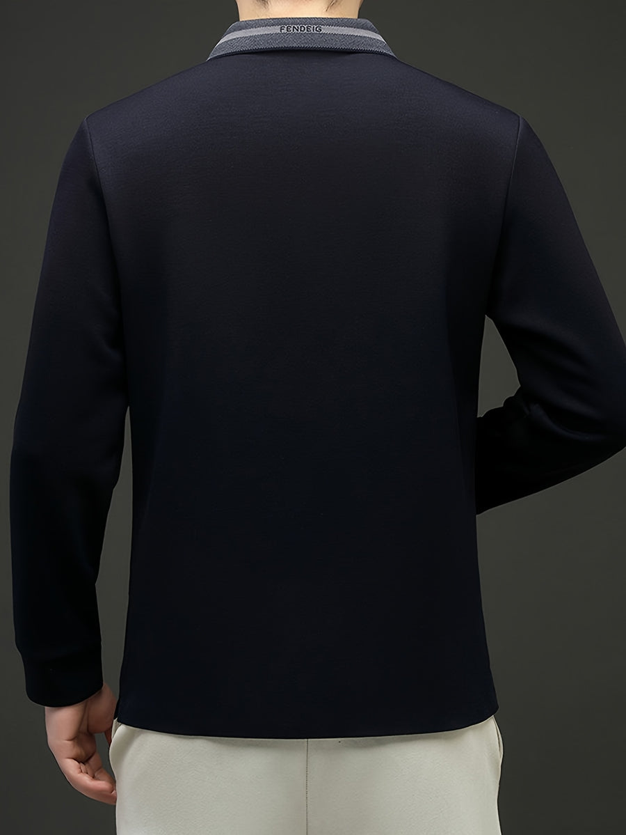 Men's Plain Color Plaid Lapel Long Sleeve Polo Shirt, No Print or Embroidery, Simple and Clean Cut, Suitable for Light Business and Daily Outings - SINBOS - Navy Color