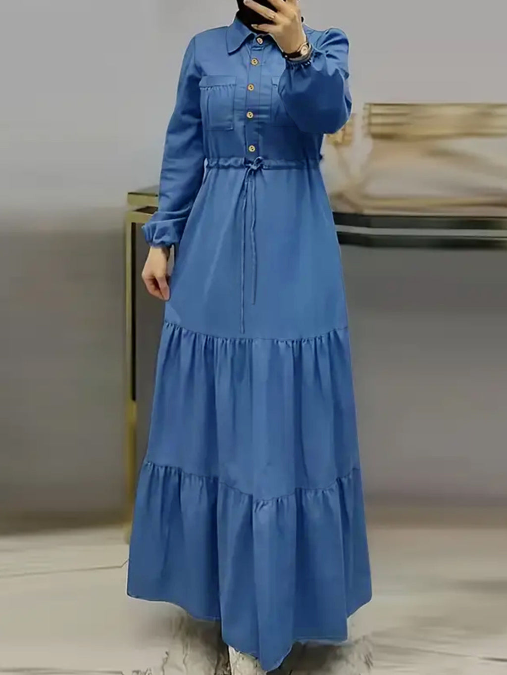 A Solid Color Long-Sleeve Dress for Women with a Fitted Waist, Tie Detail, And Ruffled Hem - Blue