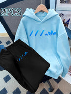 2pcs Value Pack: Stylish and Elegant Y2K Style Sportswear for Women, Suitable for Spring, Autumn, and Winter. Includes a -Lined Hooded Sweatshirt and -Lined Jogger Pants. This 2pcs Set Is Ideal for Indoor and Outdoor Wear, Featuring a Casual - Sky Blue+Black