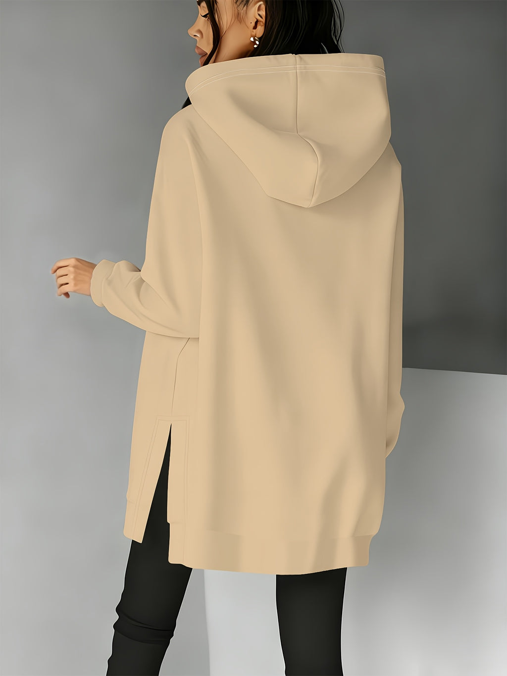 Fashionable Women'S Hooded Sweatshirt with Side Slit Design, Suitable for Autumn And Winter, Perfect for Casual Wear, Light Khaki Solid Color Easy Commuter Loose Sweatshirt - Mixed colors