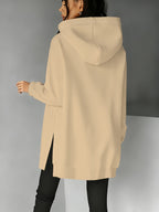 Fashionable Women'S Hooded Sweatshirt with Side Slit Design, Suitable for Autumn And Winter, Perfect for Casual Wear, Light Khaki Solid Color Easy Commuter Loose Sweatshirt - Mixed colors