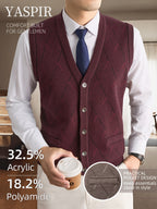 Men's Fall Winter Knit Vest with Elegant Open Front Design and Dual Pockets. Classic Old Money Style with Warmth and Comfort, Perfect for Business Casual, Daily Wear, Outdoor Activities, and Travel. A Stylish Gift Choice for Dad or Husband. - Burgundy