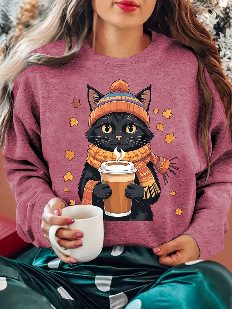 Women'S Winter Clothing Autumn And Winter Atmosphere Black Cat Holding a Cup of Hot Drink with Scattered Autumn Leaves Print Round Neck Long Sleeve T-Shirt Comfortable Soft Fashionable Elegant Vintage Casual Versatile Spring Summer Autumn Winter Spo - Brick Red