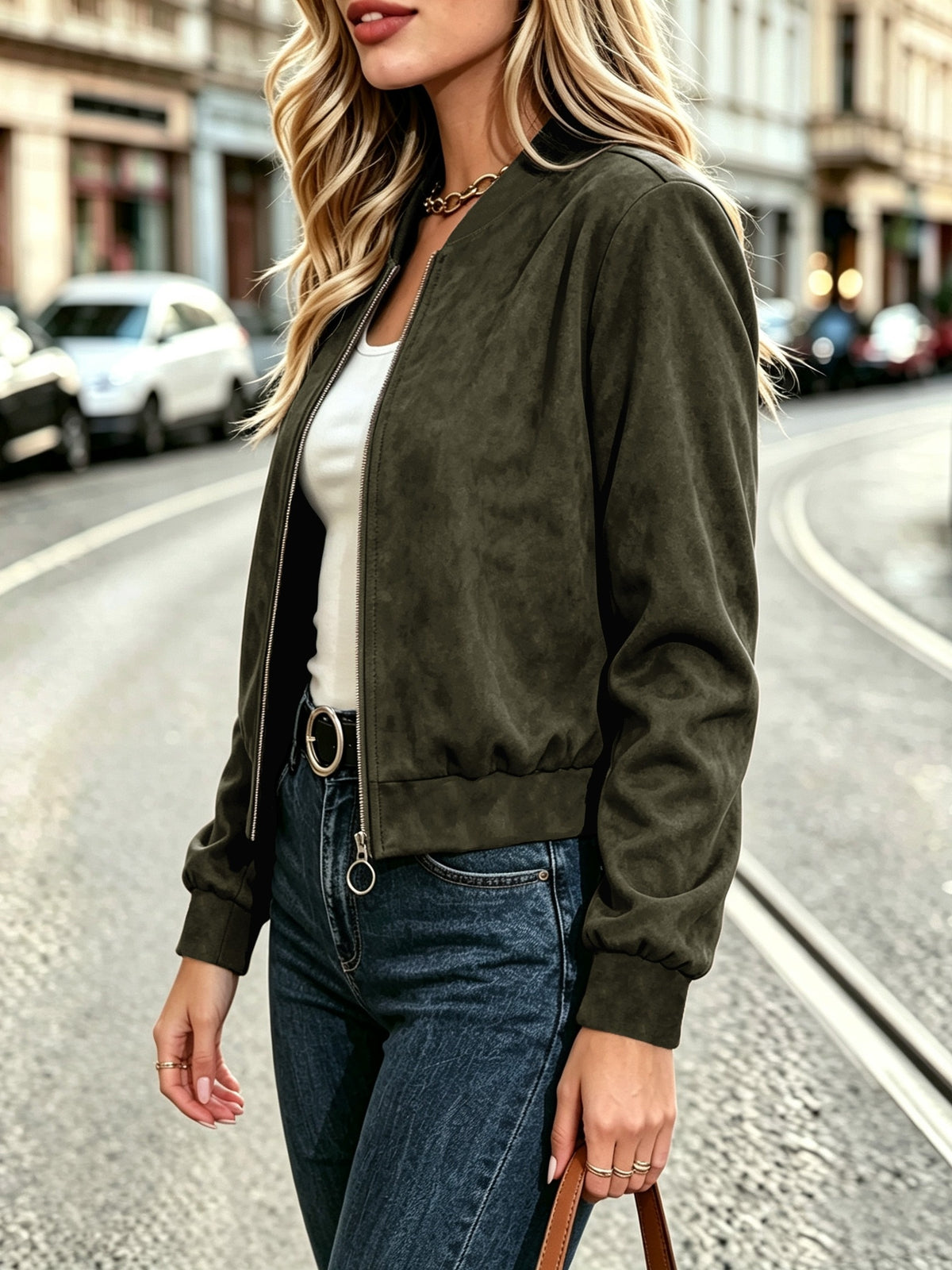 Casual Solid Suede Texture Long Sleeve Jacket, Autumn New Fashion Versatile Coat - Green