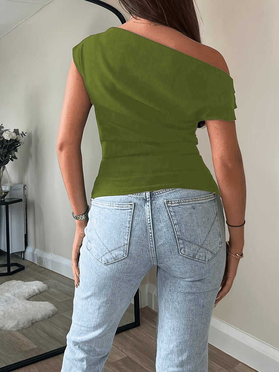 Elegant Casual Fashion Off-Shoulder Short Top Slim Sexy Women'S Blouse - Green