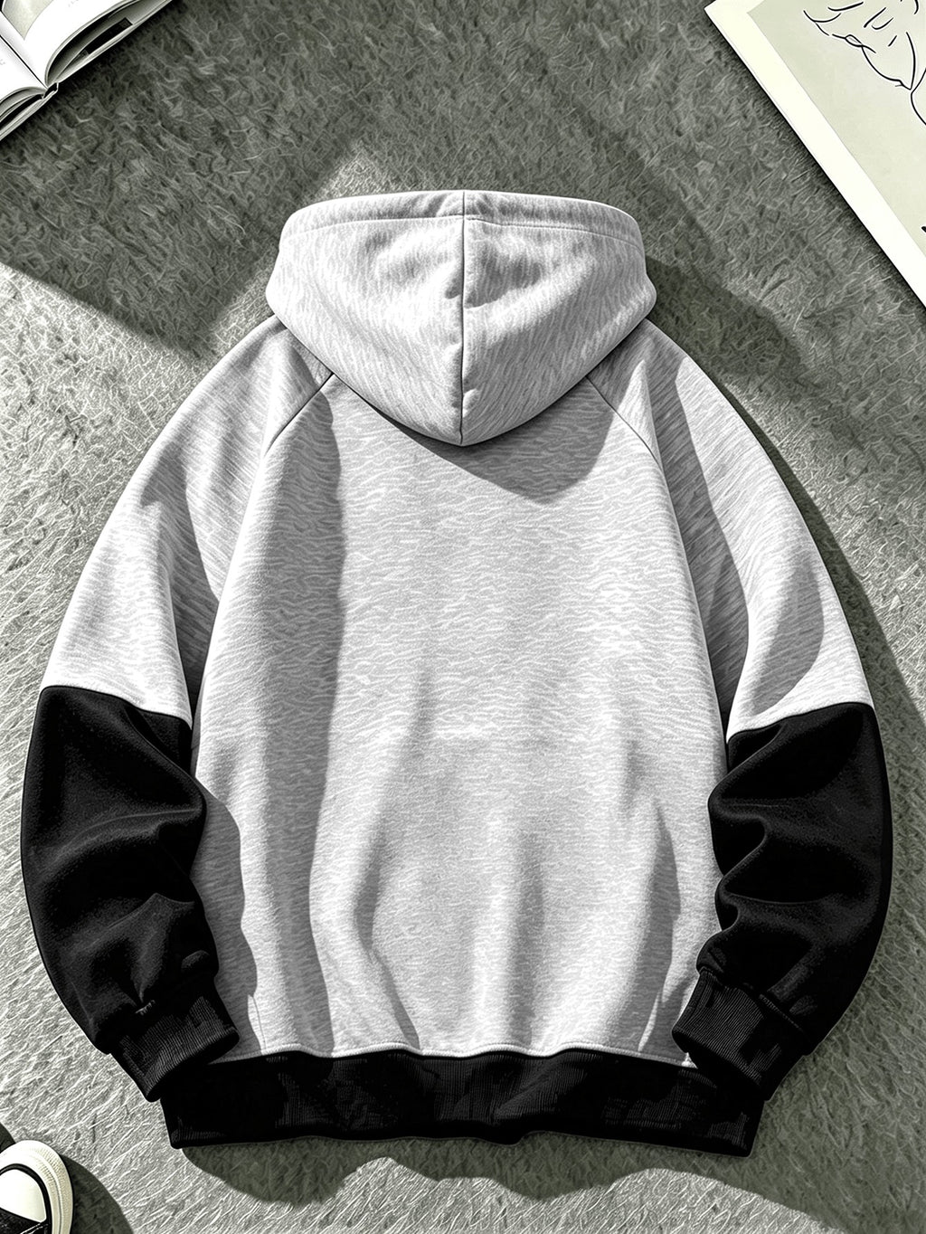 Men'S Color-Block Hooded Pullover Sweatshirt Suitable for Students, Campus, Class, Commute, Outings, Weekend Exploration, Short Camping, Outdoor Sports, Ideal Gift for Boyfriend, Brother, Classmate on Holidays And Birthdays, Home, Visiting Friends - Black And Grey