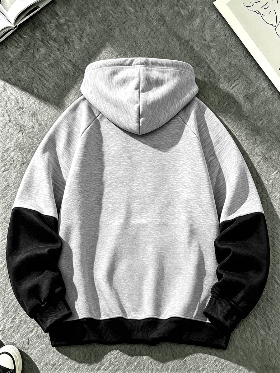 Men'S Color-Block Hooded Pullover Sweatshirt Suitable for Students, Campus, Class, Commute, Outings, Weekend Exploration, Short Camping, Outdoor Sports, Ideal Gift for Boyfriend, Brother, Classmate on Holidays And Birthdays, Home, Visiting Friends - Black And Grey
