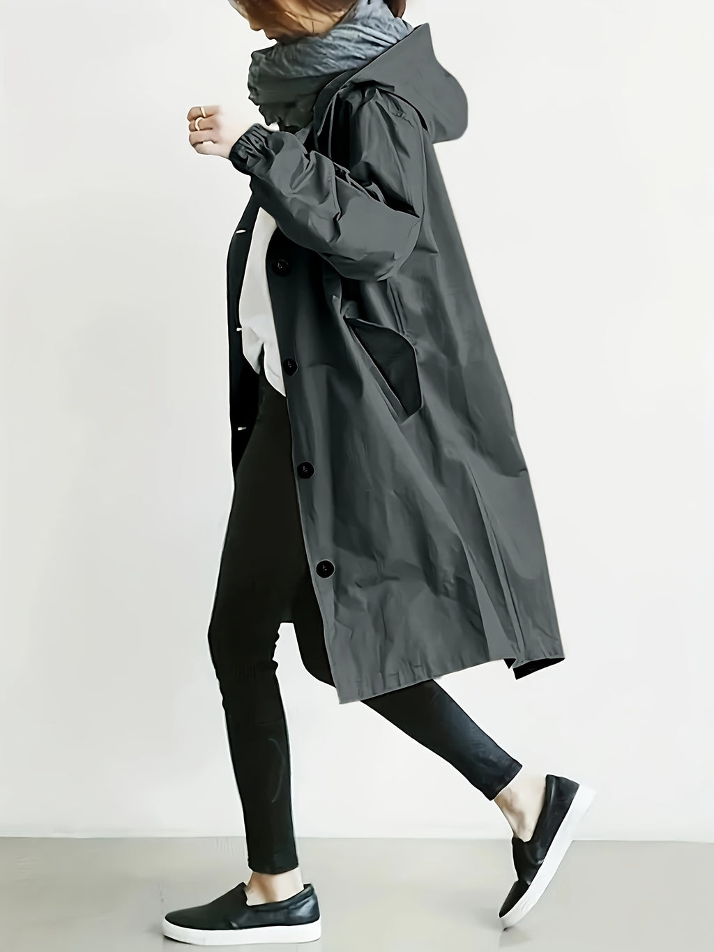 Solid Color Stylish Casual Loose Hooded Jacket with Lining - Graphite Color