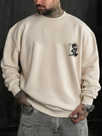 Men'S Fall Winter Top Fashion Japanese Print Fleece Round Neck Sweatshirt, Versatile Athletic Casual Style Loose Drop Shoulder Wide Fit Pullover Round Neck Sweater XZ054-S - Khaki