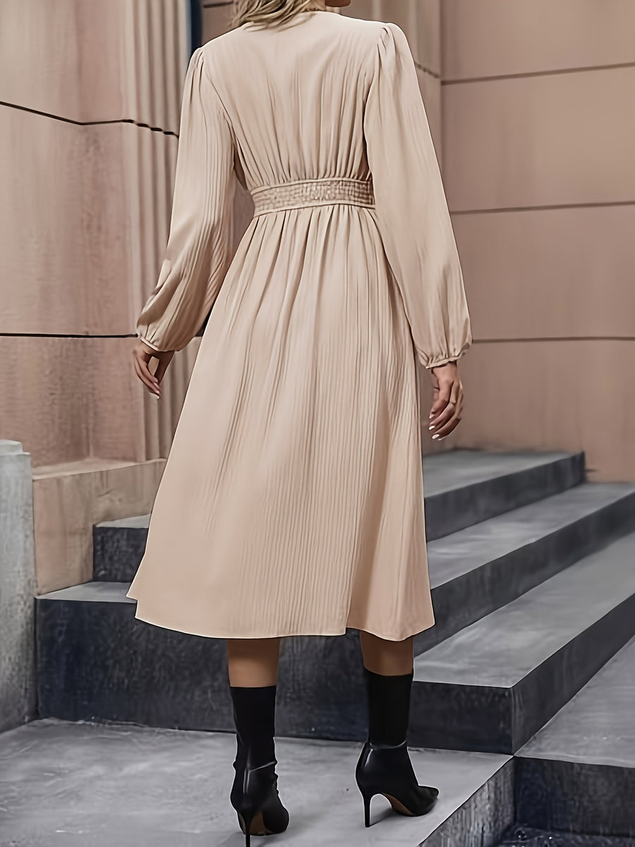 V-Neck Long Sleeve Elegant Split Maxi Dress for Women - Apricot