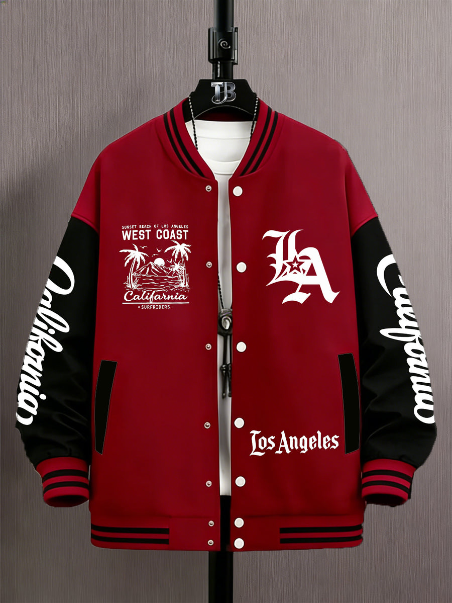Men'S Trendy Baseball Jacket - LA WEST COAST Pattern - Contrast Sleeve Style - Button Closure And Stretch Fabric All-Season Versatile Comfortable Outerwear - Ideal for Outings, Travel, Friends Gatherings, And Commuting, Loose Fit Machine Washable - Burgundy