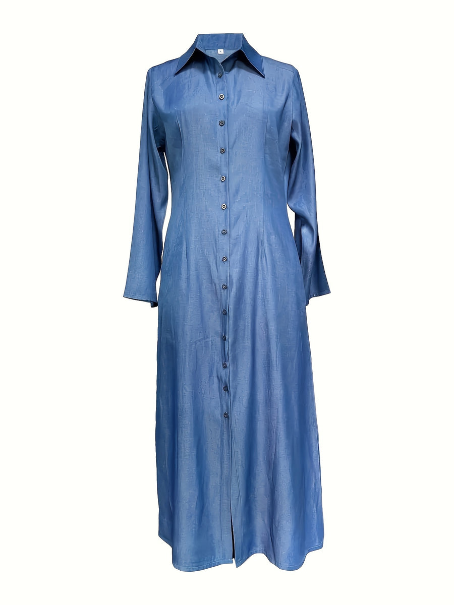European And American Women'S Clothing, Elegant, Fashionable, Neutral Style, Long-Sleeved Lapel Cardigan, Solid Color, Long Dress - Light Blue