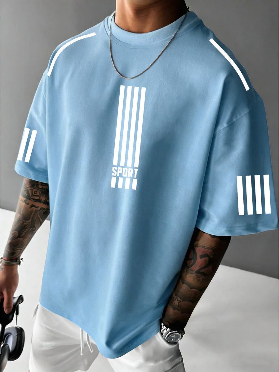 Men'S Sport Print T-Shirt, Casual Street Style, Fashionable And Versatile, Summer Short-Sleeve Round Neck Top, Suitable for Sports Enthusiasts And Urban Symbol Lovers - Sky Blue
