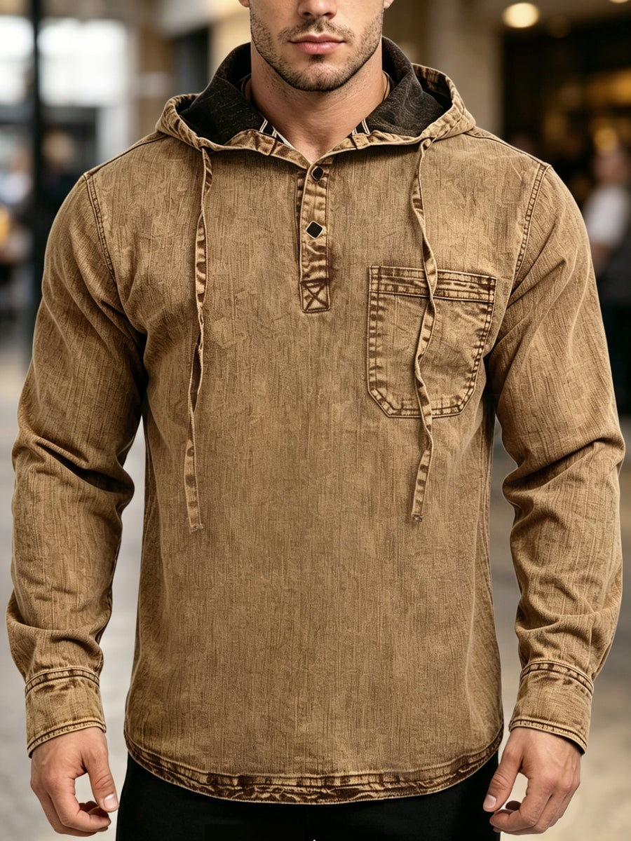 Men'S New Spring And Autumn Henley Collar Denim Shirt, Vintage Washed And Faded Blue Long Sleeve Top, Half-Placket 3-Button Design, Casual Shirt with Side Single Pocket, Versatile for Daily Commute, Wearable As Inner Or Outer Layer - Sepia