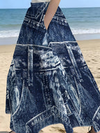 Navy Blue Printed High-Waist A-Line Maxi Skirt - Versatile Casual Vacation Skirt - Mixed colors