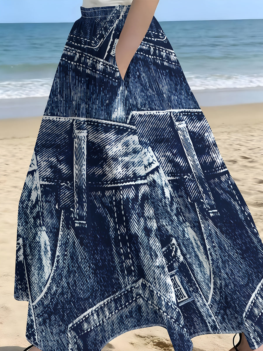 Navy Blue Printed High-Waist A-Line Maxi Skirt - Versatile Casual Vacation Skirt - Mixed colors