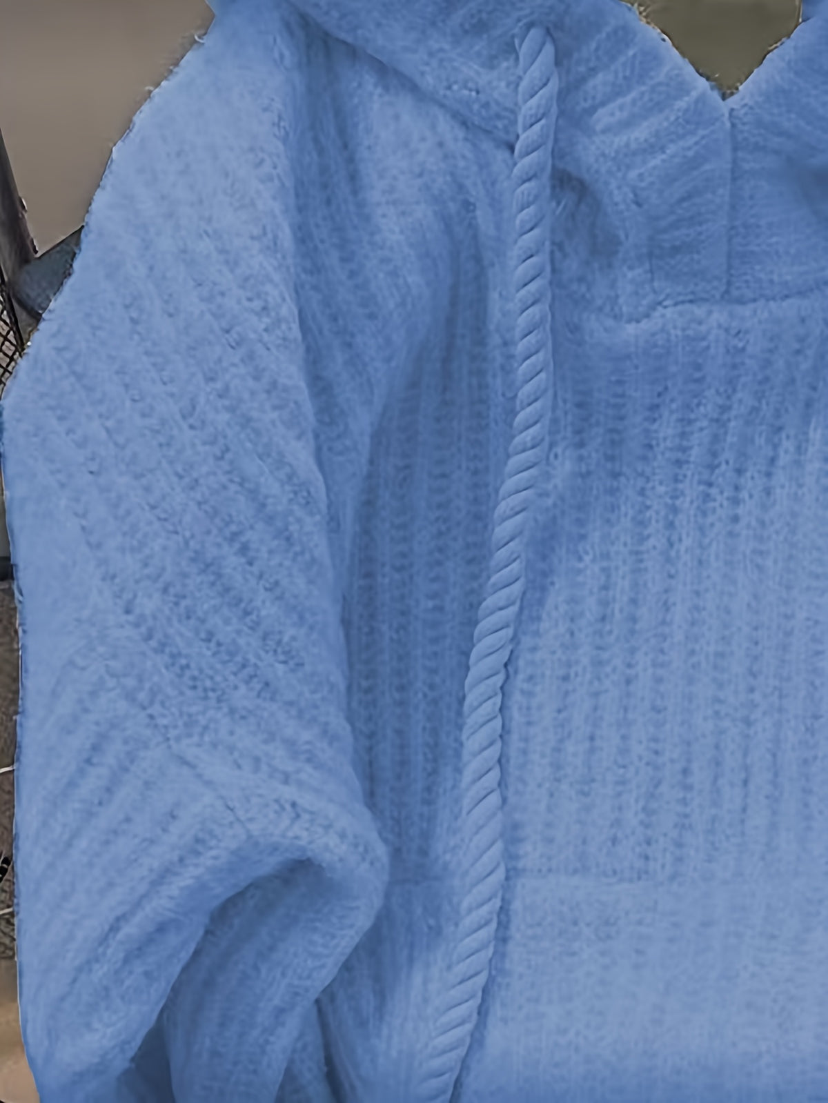 Hooded Chunky Cable- Sweater with Coarse Ribbed Texture, Tassels, Drawstring, Vertical Ribbed Detailing, and a Relaxed Fit. This Long-sleeve Pullover Features a Simple, Casual Design for a Laid-back and Effortless Look - Blue