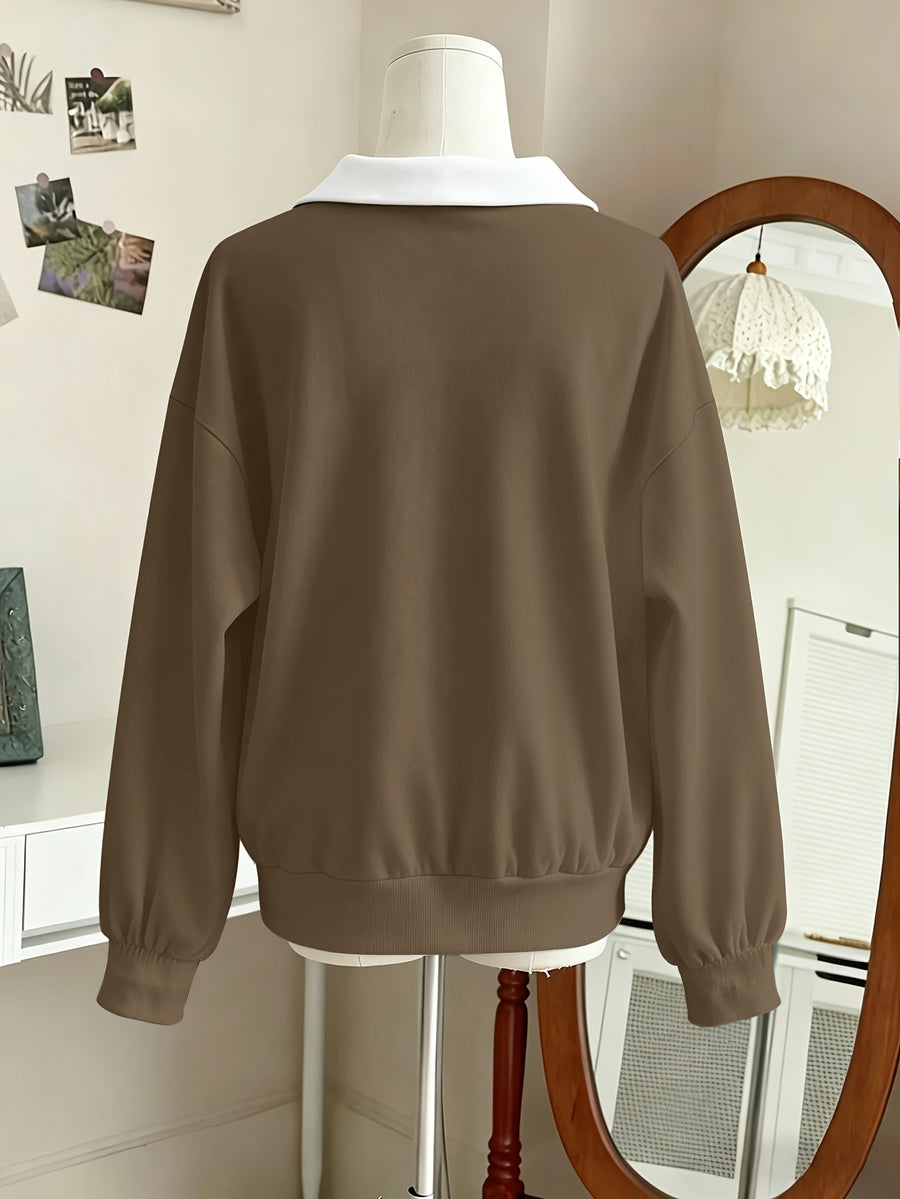 Women's Graphic Print Contrast Collar Polo V Neck Long Sleeve Sweatshirt, Loose Soft Casual Fall Winter Daily Wear - Brown