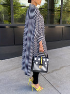 Women'S Striped Print Front Short Back Long Casual Long Sleeve Shirt - Black And White Color