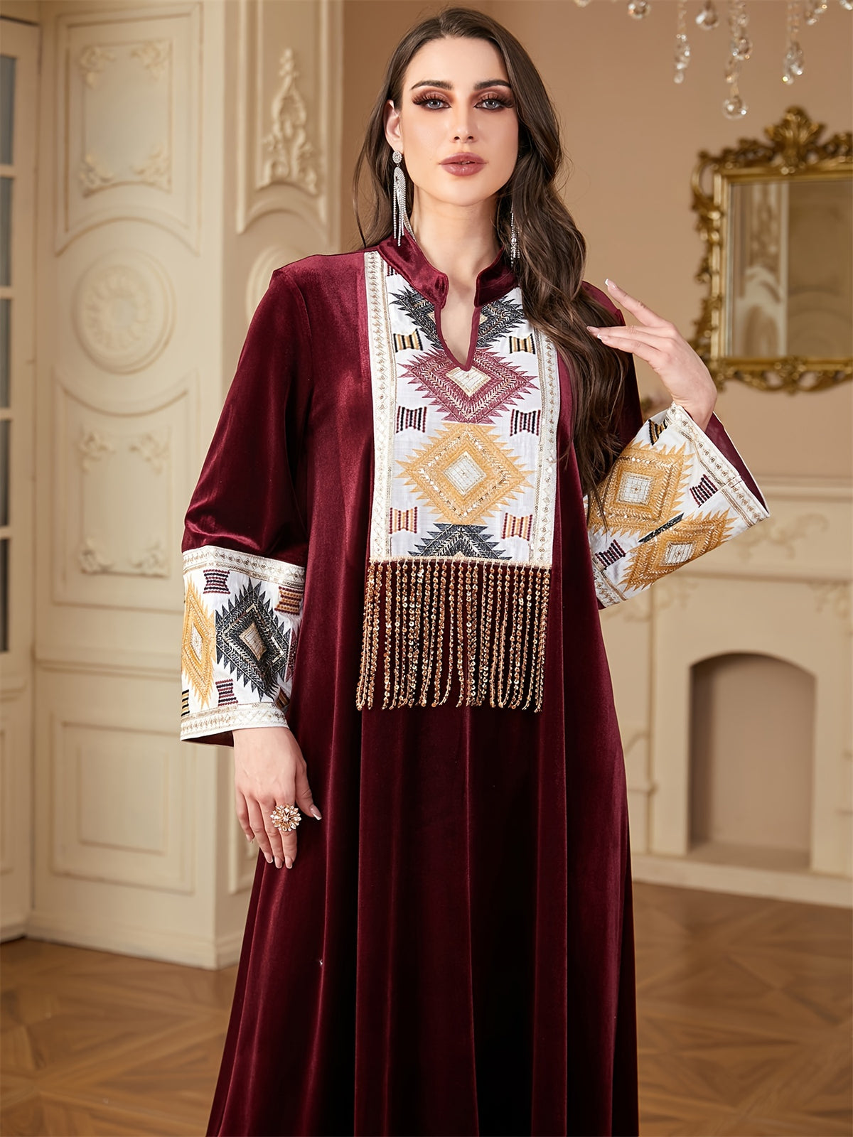 -Muslim Notched Stand Collar Tassel Long Dresses for Women Loose Elegant Kebaya Patchwork Sleeve Abayas - 【Red】
