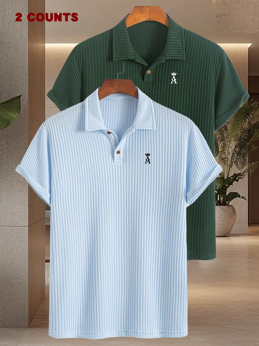2pcs Set Men'S Textured Jacquard Short Sleeve POLO Shirts | Casual Comfortable Knit with Lapel Collar, Medium Stretch Fabric, Geometric Pattern, Button Details - Sky Blue + Dark Green