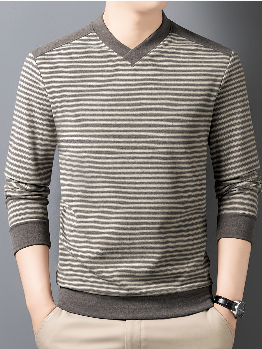 New Spring, Autumn, and Winter V-Neck Men's Long-Sleeve T-Shirt, Fashionable Casual Thin Striped Top, Stylish, Elegant, Youthful, and Versatile Men's Apparel, Soft, Skin-Friendly, Close-Fitting, Comfortable, and Warm Clothing HL2531 - Beige Camel