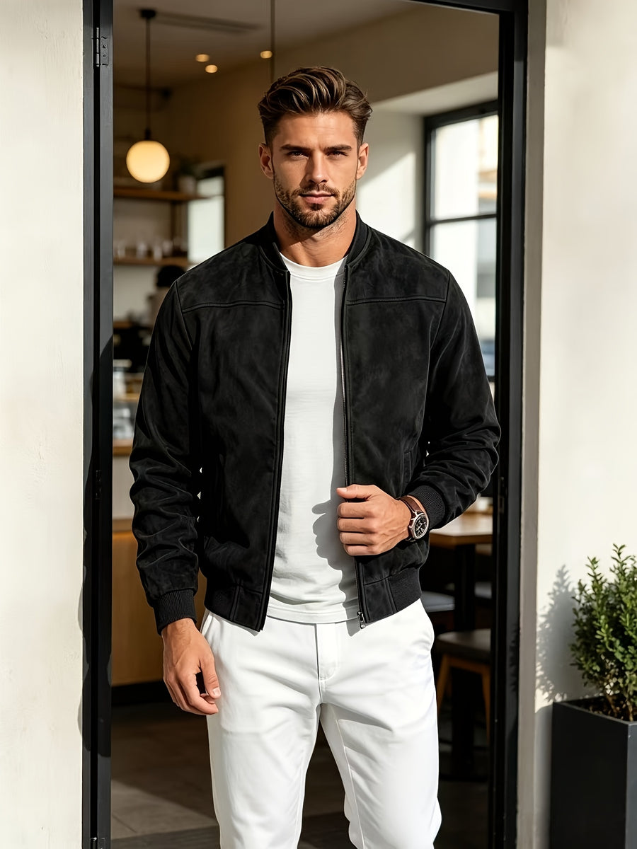 2026 New Men's Baseball Collar Jacket, Autumn Casual Zip-Up Outerwear, Loose Versatile Pilot Top - Black