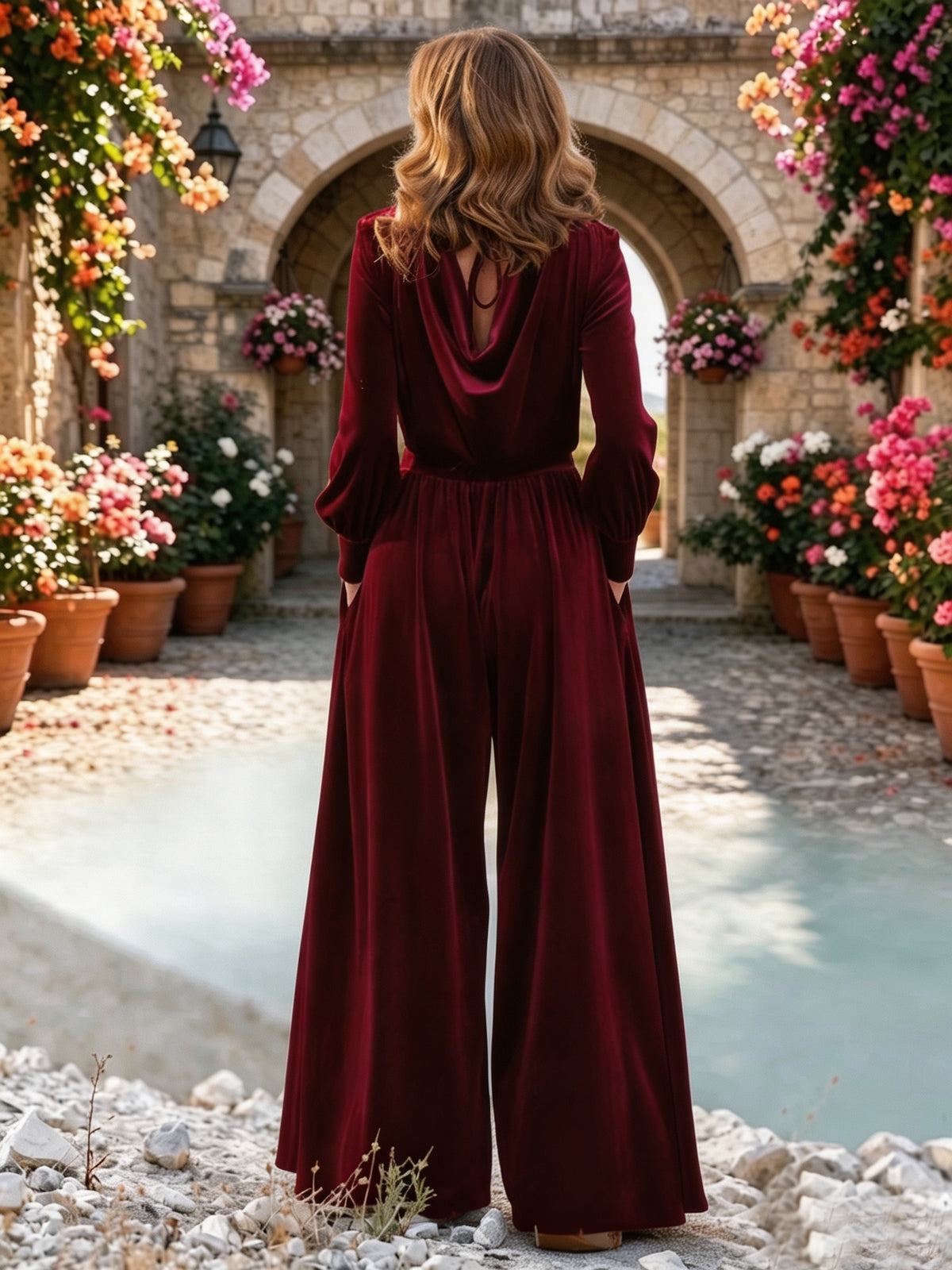 Velvet Jumpsuit for Women, Bridesmaid Dress, Wedding Guest Jumpsuit, Evening Jumpsuit - Burgundy