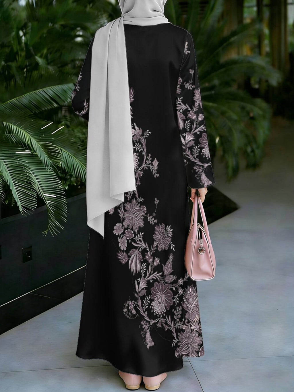 Women'S Hot Middle Eastern Style Muslim Elegant Robe, Black Base Purple Tone Floral Full Print Long Dress, Loose Long Sleeve Flared Silhouette, Outing Prayer Gathering Outfit, Smooth Fabric Non-Embroidered Craft - Mixed colors