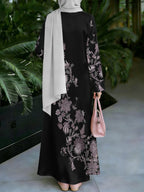 Women'S Hot Middle Eastern Style Muslim Elegant Robe, Black Base Purple Tone Floral Full Print Long Dress, Loose Long Sleeve Flared Silhouette, Outing Prayer Gathering Outfit, Smooth Fabric Non-Embroidered Craft - Mixed colors