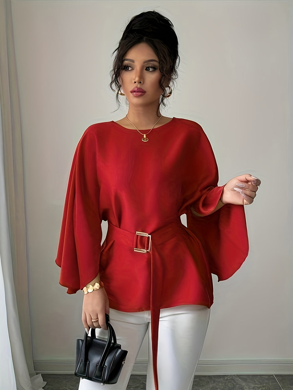 Round Neck Long Sleeve Loose Waist Tie Elegant Noble Versatile Top Trend - Red