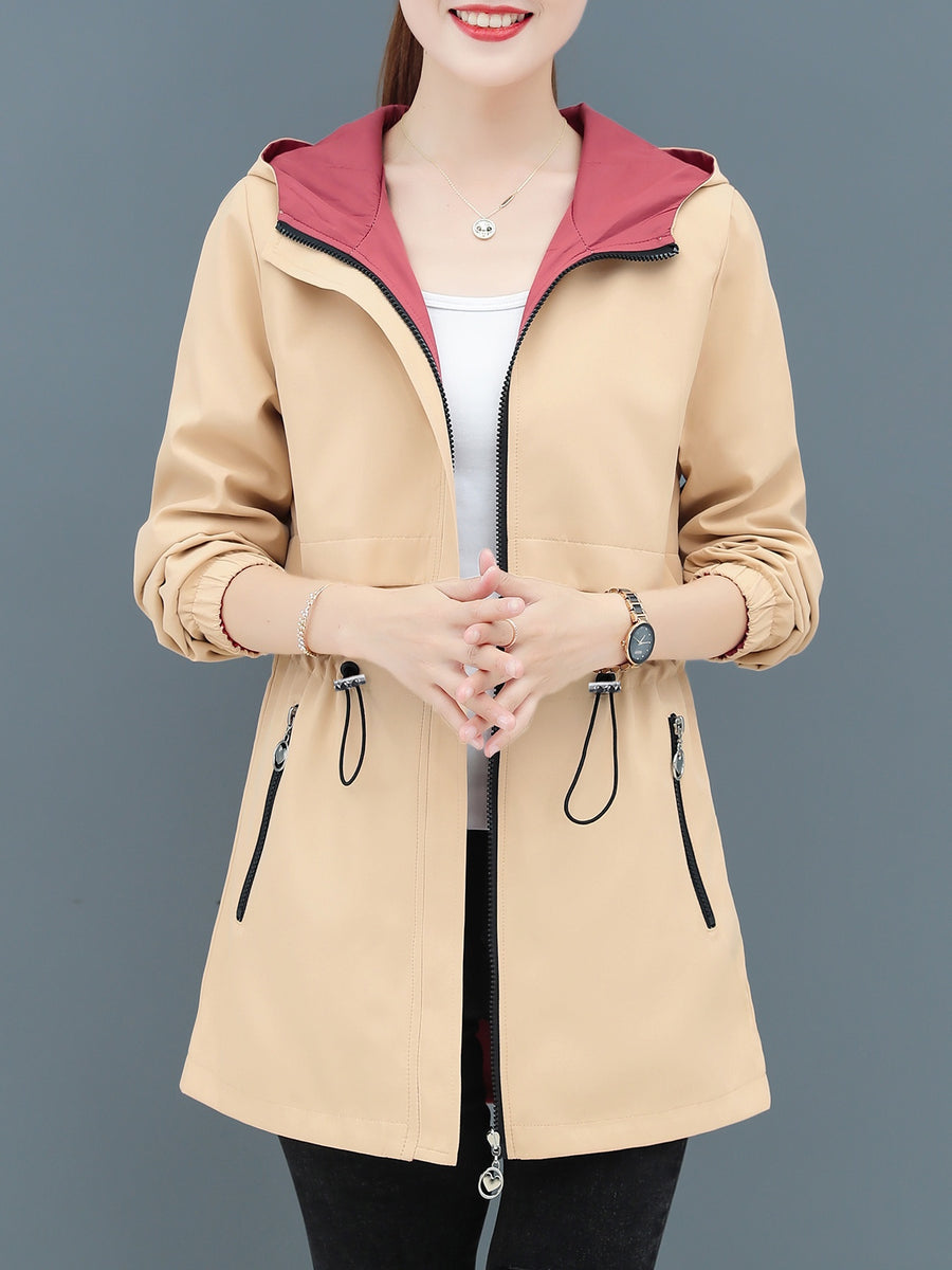 Reversible Women'S Trench Coat Jacket, Mid-Length Hooded Outerwear, Spring/Autumn Red And Green Contrast, Adjustable Waist Tie, Casual Elegant Outdoor Cardigan Top, Front Pocket Zipper Design, Non-Stretch Fabric, Fashionable Jacket - Khaki