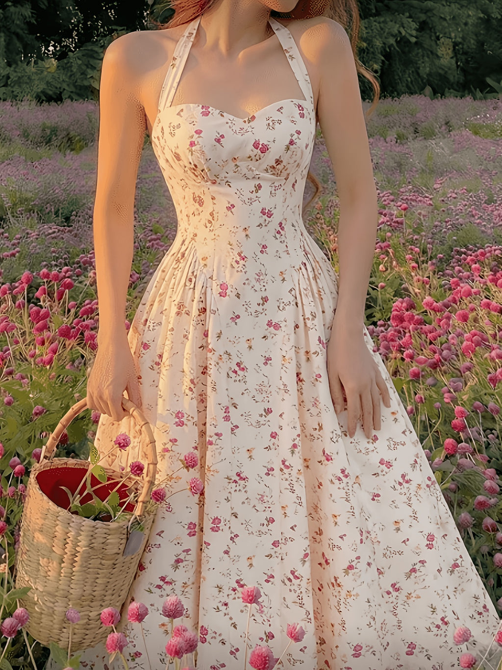 Women'S Elegant Pink Floral Print Midi Dress, Summer Style Casual Holiday Wear, Retro Countryside Style, French Style Beach Summer Dress - Multicolor