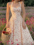 Women'S Elegant Pink Floral Print Midi Dress, Summer Style Casual Holiday Wear, Retro Countryside Style, French Style Beach Summer Dress - Multicolor