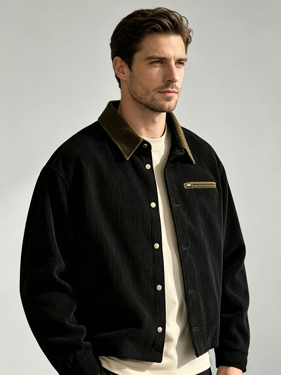 Men'S Corduroy Jacket, Autumn Winter Style Retro Workwear Trendy Versatile Coat, Casual All-Match Lapel Top, Solid Color Long Sleeve Jacket Men'S Clothing - Black