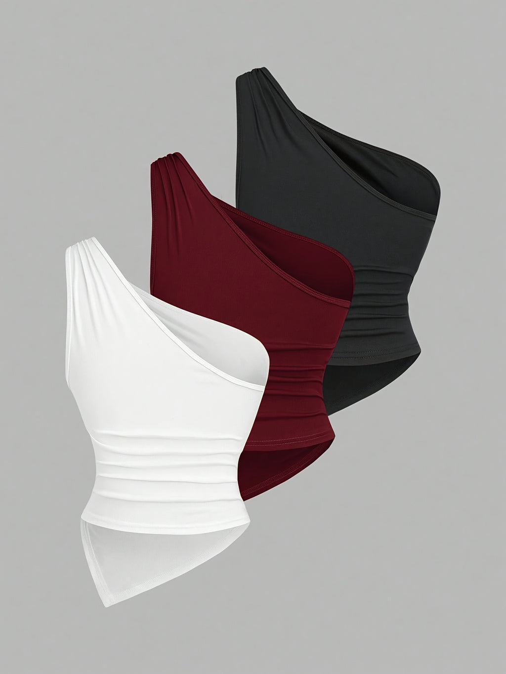 3pcs Set, Women's Solid Color Minimalist Asymmetrical Collar Metal Clasp Off-shoulder Top - Black+wine Red+white