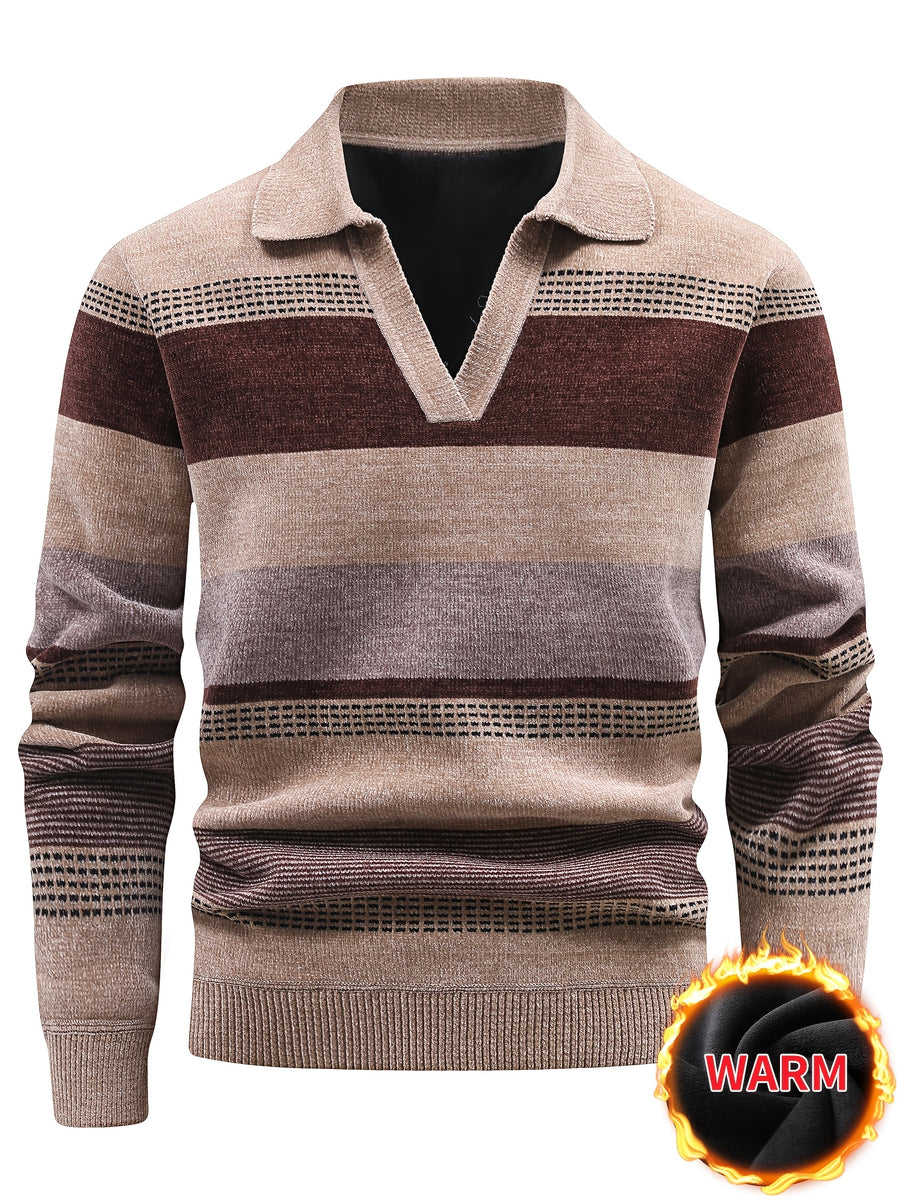 Men's Thickened Sweater with Polo Collar & Lapel - Warm Winter Pullover, Contrast Striped Suitable for Daily Commuting and Vacations, Hand Washable Suitable for Old Money Style, Seagull Collar, Beltless for - Wear - Camel