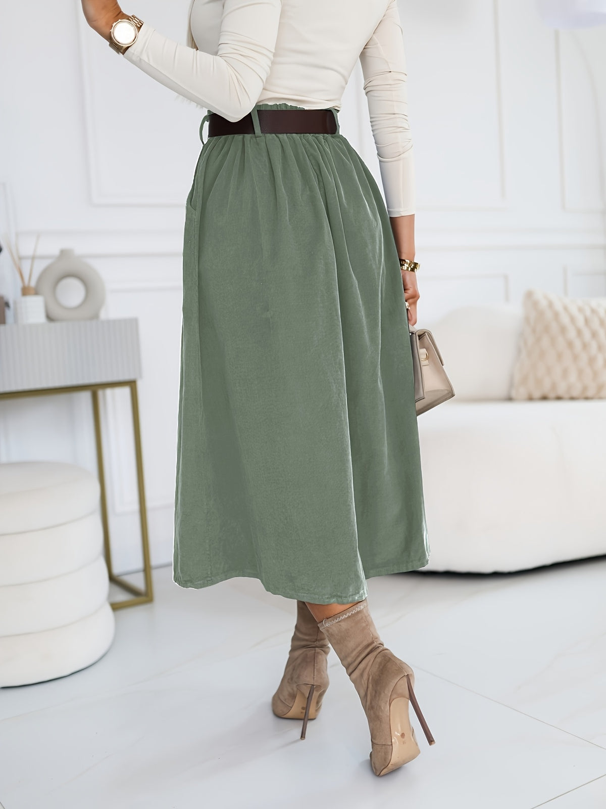 YY0824062 + Lingshan Directional + Women'S Spring And Autumn Elegant Retro A-Line High Waist Oblique Pocket Pleated Skirt, Elastic Waist, Commuting Versatile Mid-Length Umbrella Skirt - Green