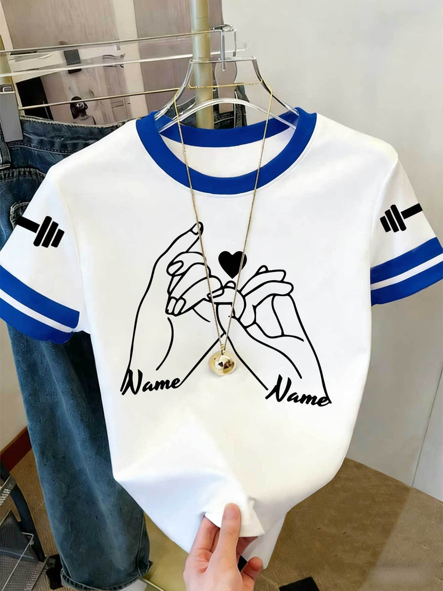 20pcs Women's Colorblock T-Shirt Single Piece, Hand-Drawn Line Art Couple Holding Hands with Heart Print, Colorblock Summer Sleeve Crew Neck Short Sleeve T-Shirt - Breathable Crew Neck Casual Sport Top, Loose Fit Spring Festival Trendy Apparel - Blue+white
