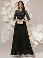 Women'S Elegant Lace Sequin Dress, Waist Tapered Satin Ribbon Patchwork, Underskirt Chiffon Pairing, Showcasing Flowy - Black