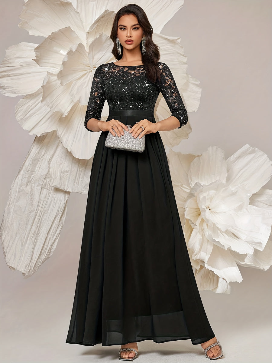 Women'S Elegant Lace Sequin Dress, Waist Tapered Satin Ribbon Patchwork, Underskirt Chiffon Pairing, Showcasing Flowy - Black