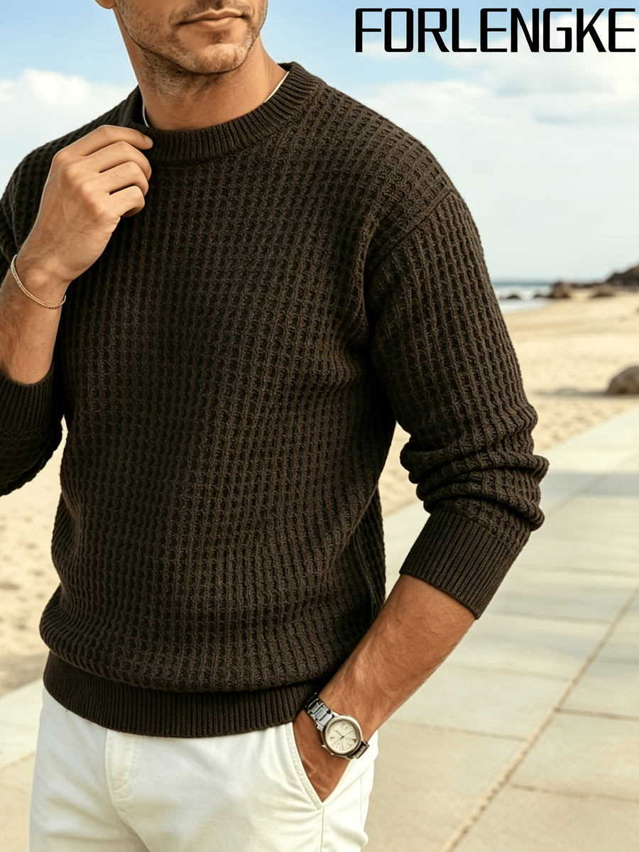 FORLENGKE Men's Waffle Knit Crewneck Sweater, New Autumn and Winter Solid Color Textured Knit Pullover with 3D Patterns, Casual and Commuter-Friendly, Simple and Versatile, Available in Multiple Colors, Suitable for Wearing Alone or Layering - Coffee Color