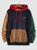 Men's Multicolor Plush Hoodie with Contrast Embroidery, Warm for Autumn/Winter, Long Sleeve, Machine Washable - Navy Blue