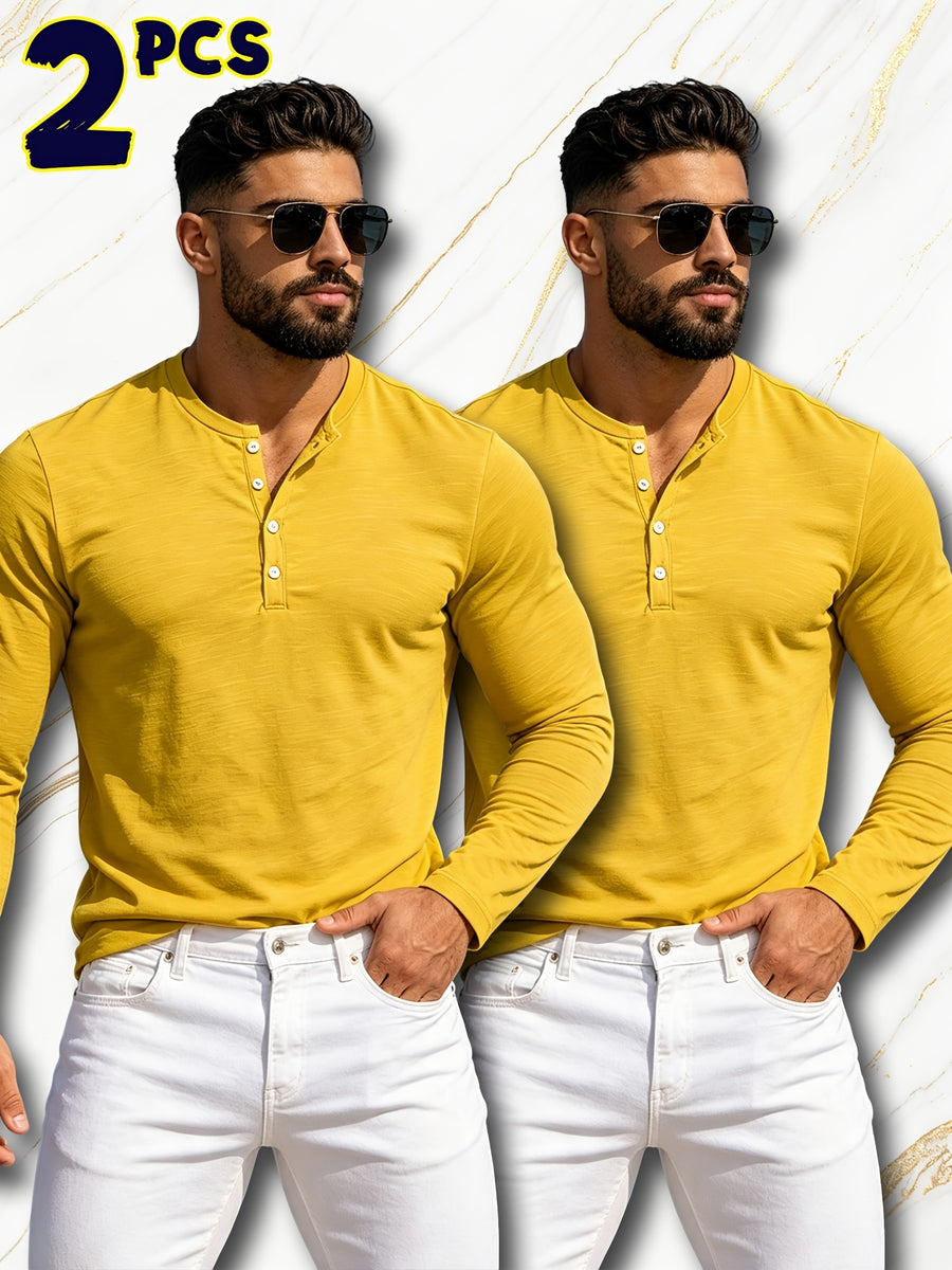 2pcs New Men's Fashionable Sporty Long-Sleeve Pure Cotton Henley Button-Up Shirt, Spring/Autumn Casual, Comfortable, Soft, Trendy, Simple, High-End, Versatile, and Refreshing - Multicolor 7